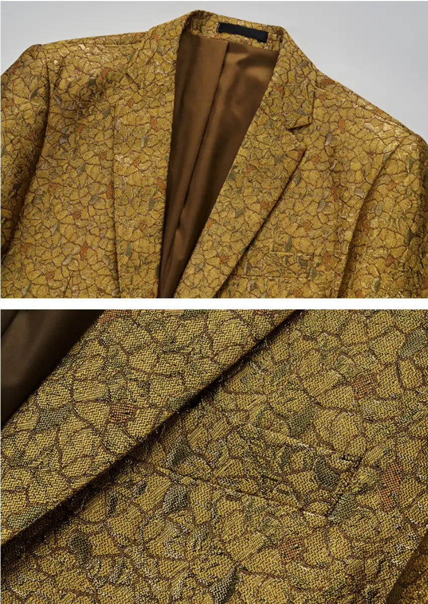 Men's One Button Notched Lapel Gold Metallic Crackle Suit