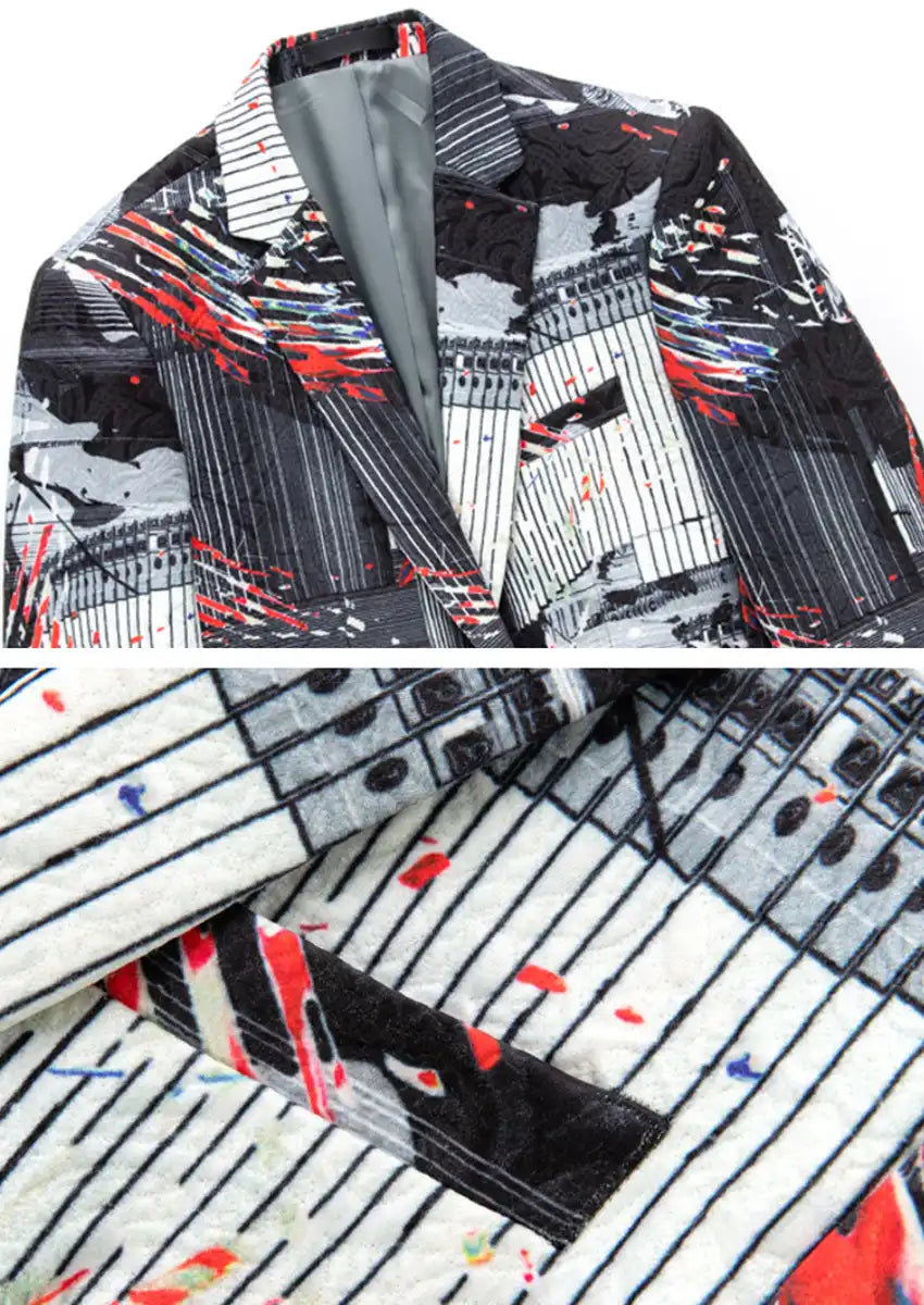 Men's Black and White Graffiti Blazer Accented with Orange Streaks