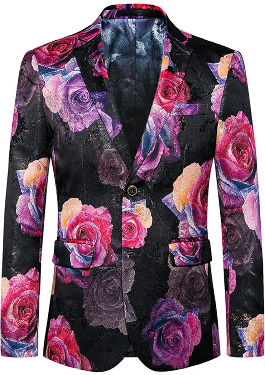 Men's Two-button Gradient Purple Rose Print Black Blazer