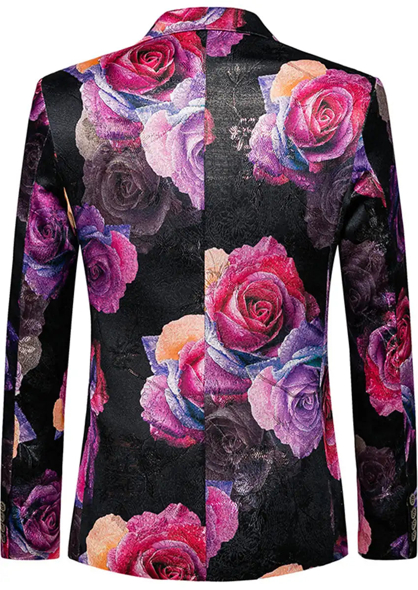 Men's Two-button Gradient Purple Rose Print Black Blazer
