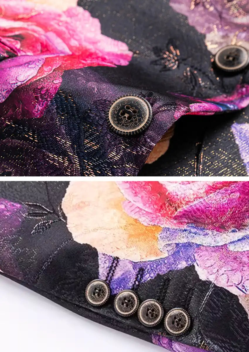 Men's Two-button Gradient Purple Rose Print Black Blazer