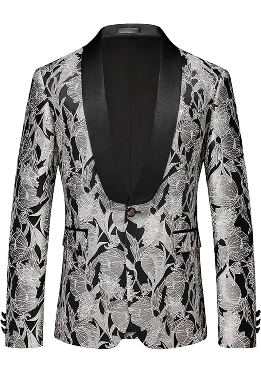 Men's  2-Piece Shawl Lapel Silver Jacquard Black Tuxedo