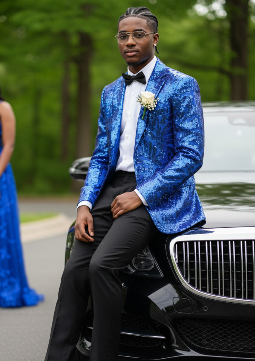 Men's Notch Lapel Embroidered Paisley Navy Sequin Jacket