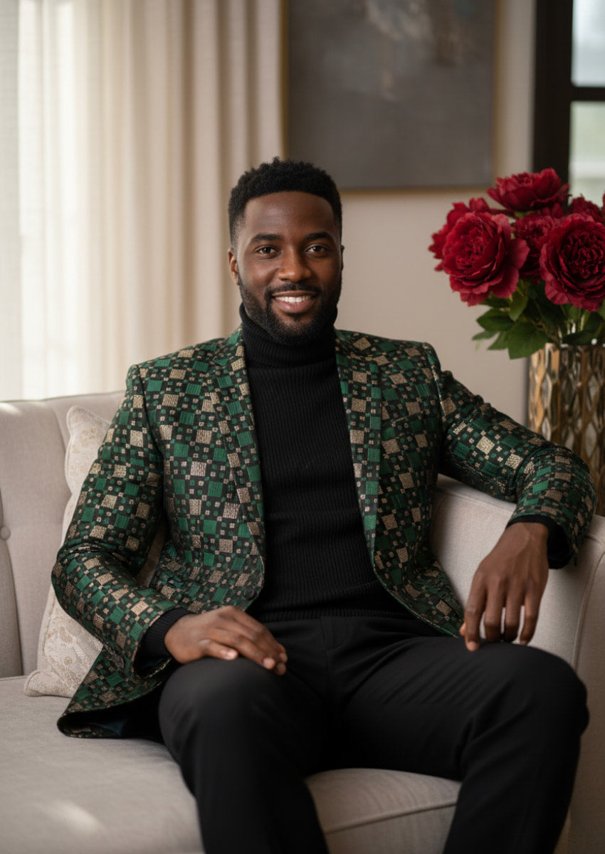Men's Woven Plaid Style Green and Gold Blazer