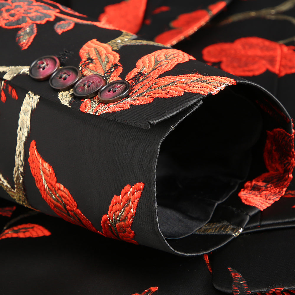 Men's 2-Piece Golden Red Birdsong Forest Embroidery Suit