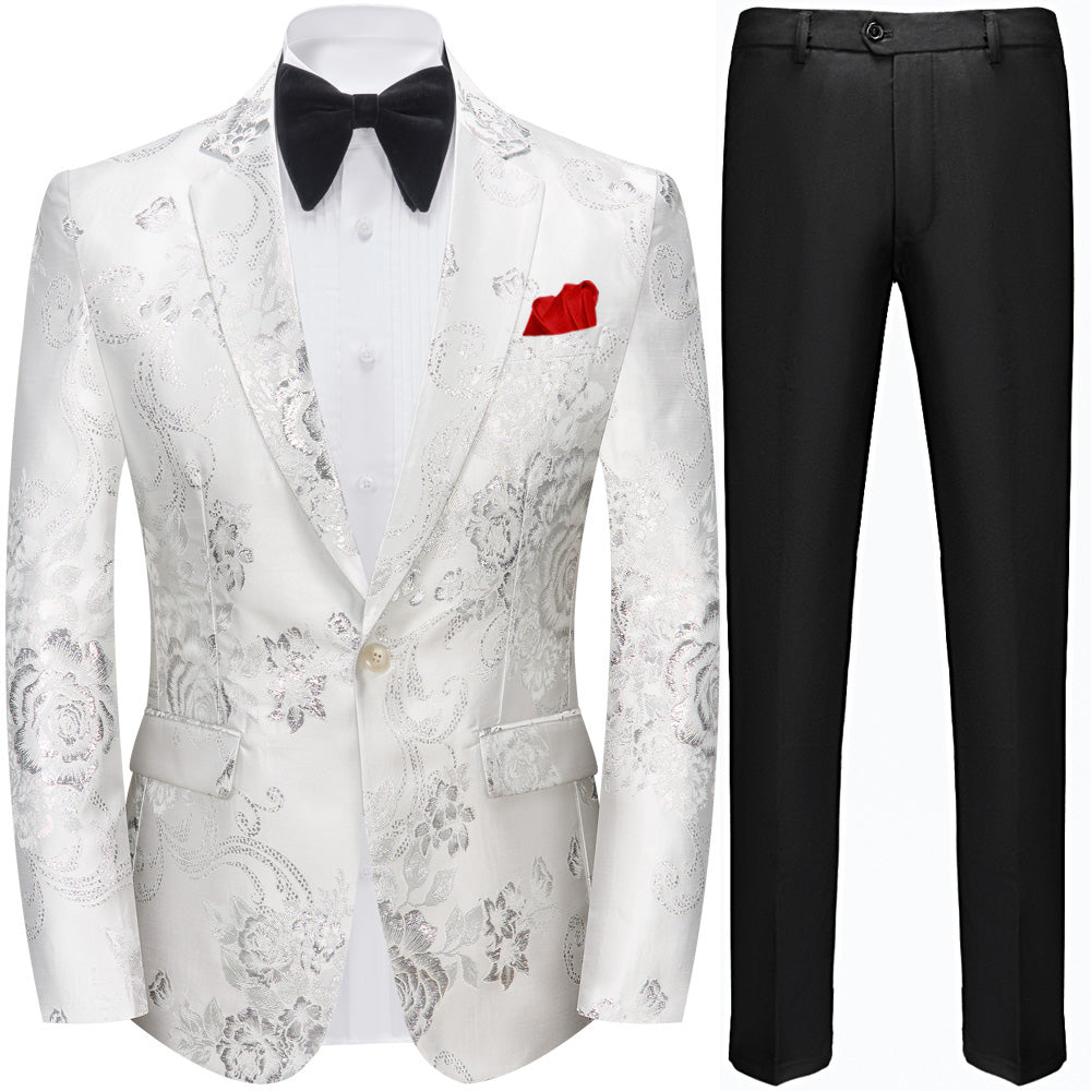 Men's Notched Lapel One Button Jacquard Silver Tuxedo