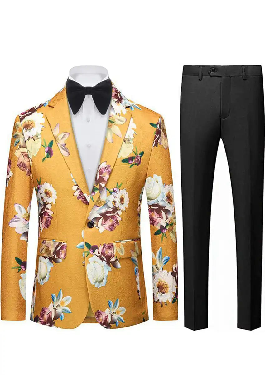 Men's Notched Lapel Yellow Floral Jacquard Blazer