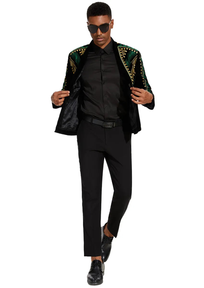 Men's Embroidered Green and Gold Geometric Pattern Tuxedo Jacket