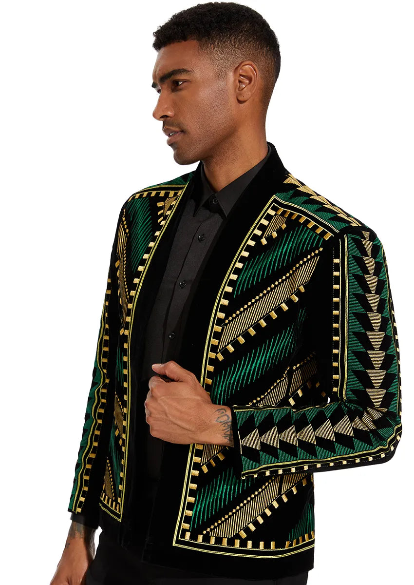 Men's Embroidered Green and Gold Geometric Pattern Tuxedo Jacket