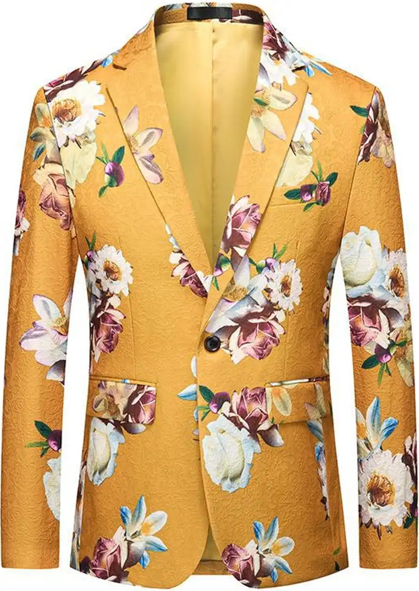 Men's Notched Lapel Yellow Floral Jacquard Blazer