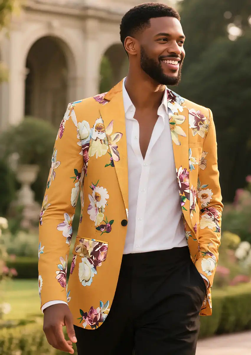 Men's Notched Lapel Yellow Floral Jacquard Blazer