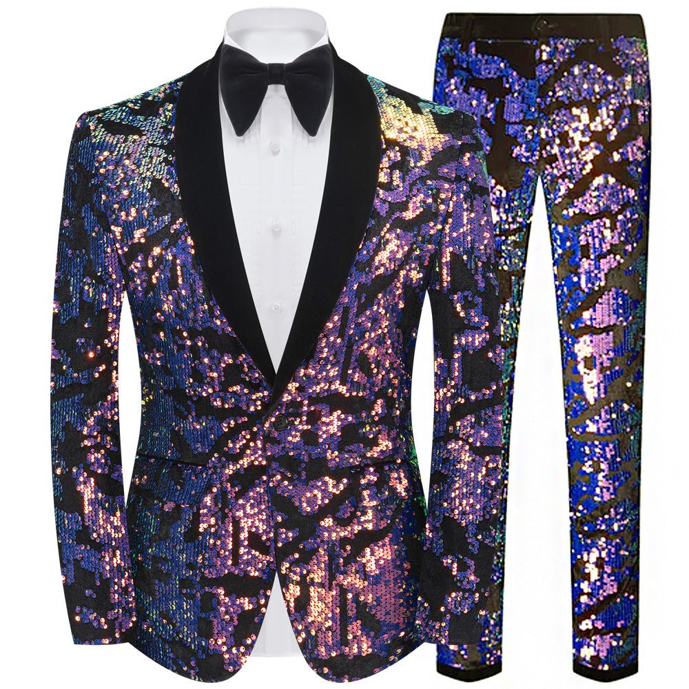 Men's 2-Piece Reversible Gradient Full Sequin Velvet Purple Tuxedo for Prom