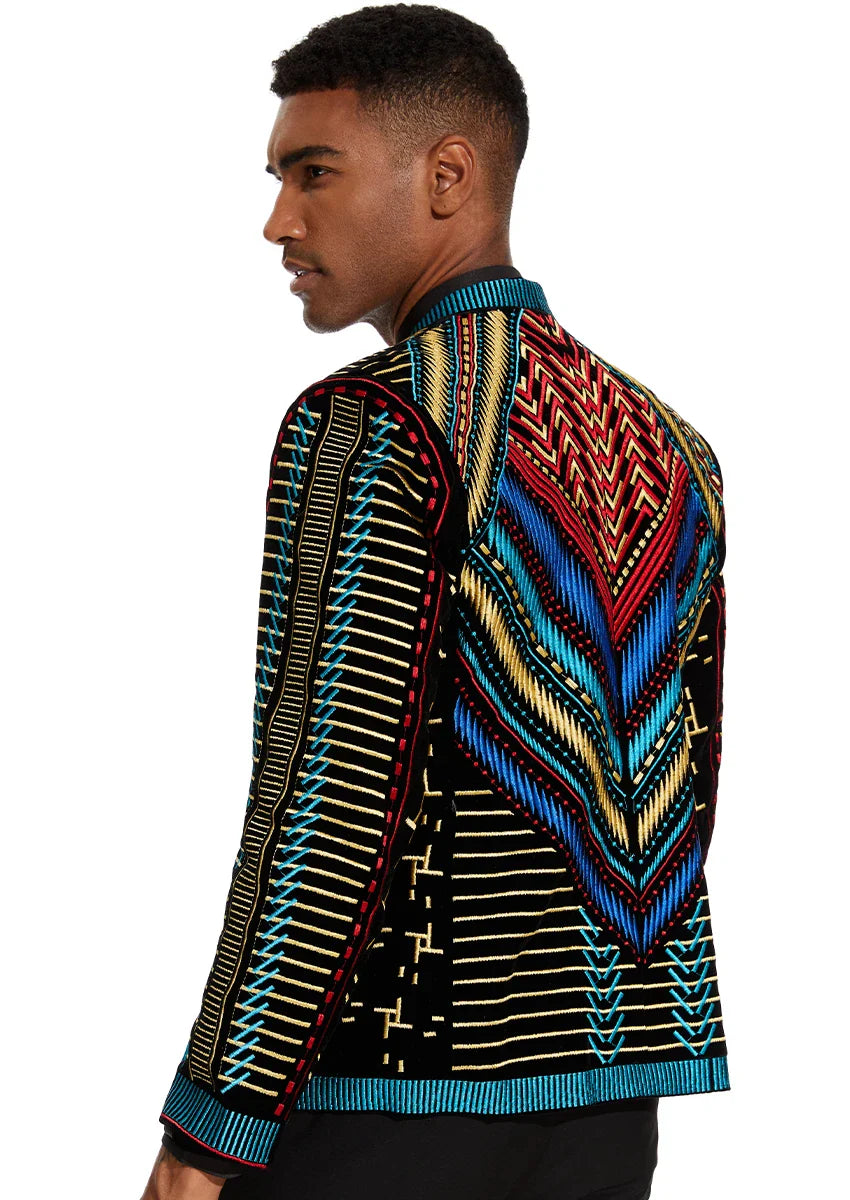 Men's Embroidered Geometric Pattern Blue and Gold Tuxedo
