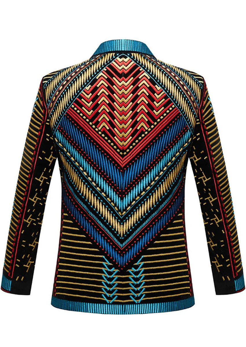 Men's Embroidered Geometric Pattern Blue and Gold Tuxedo