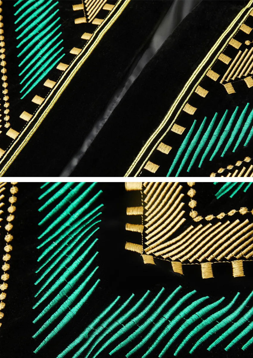 Men's Embroidered Green and Gold Geometric Pattern Tuxedo Jacket
