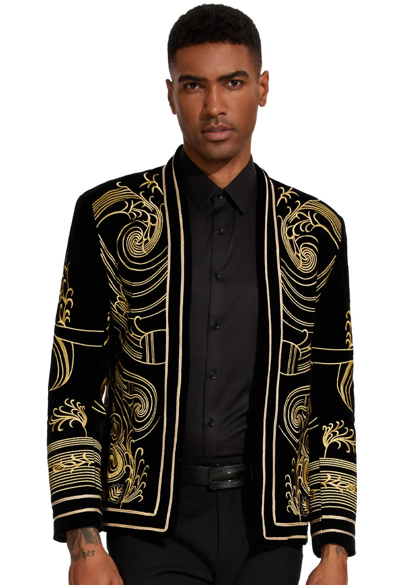 Men's Exquisite Luxury for Elegance Style Black and Gold Velvet Tuxedo