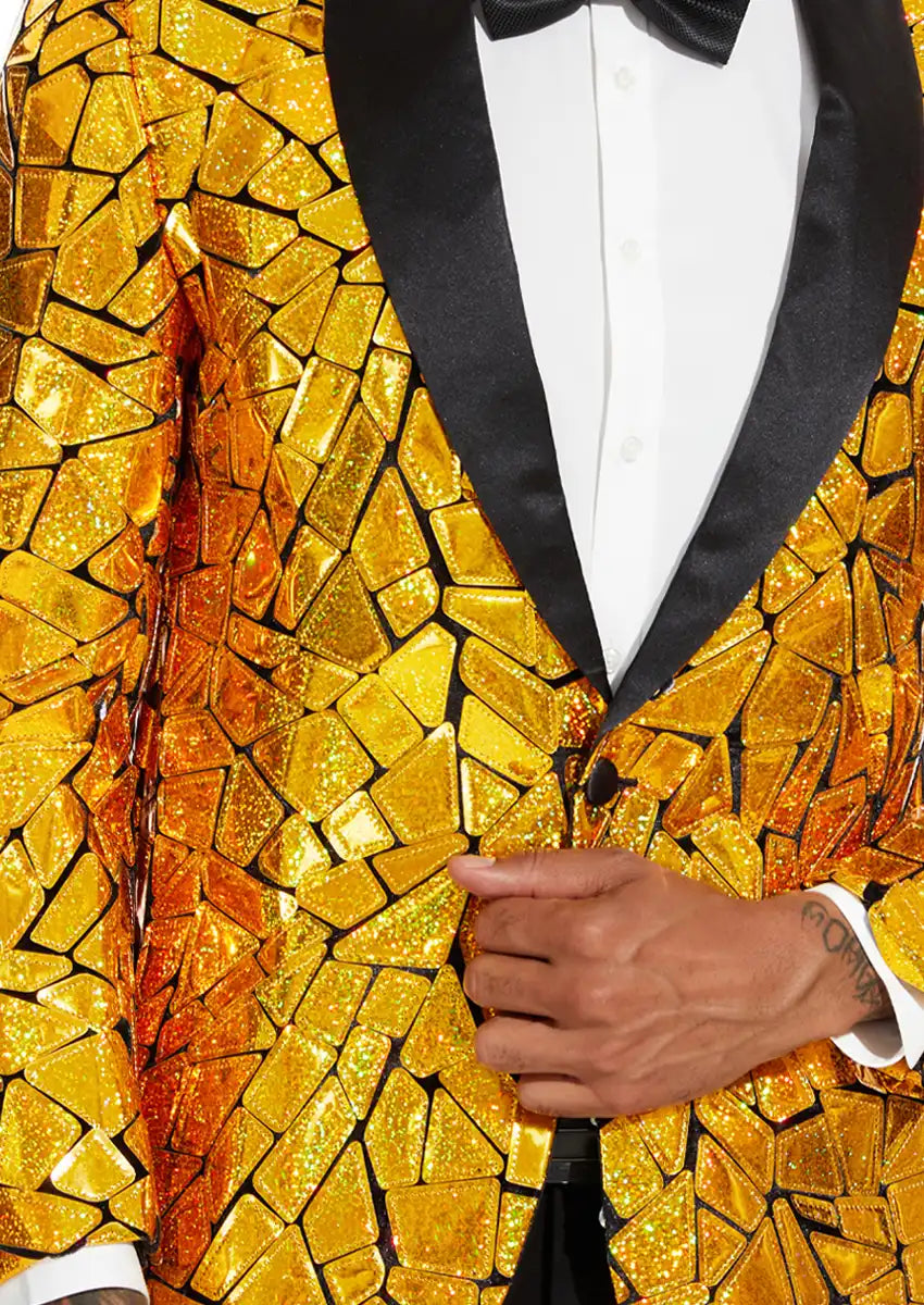 Men's Unique Mirrored Geometric Patchwork Golden Prom Suit
