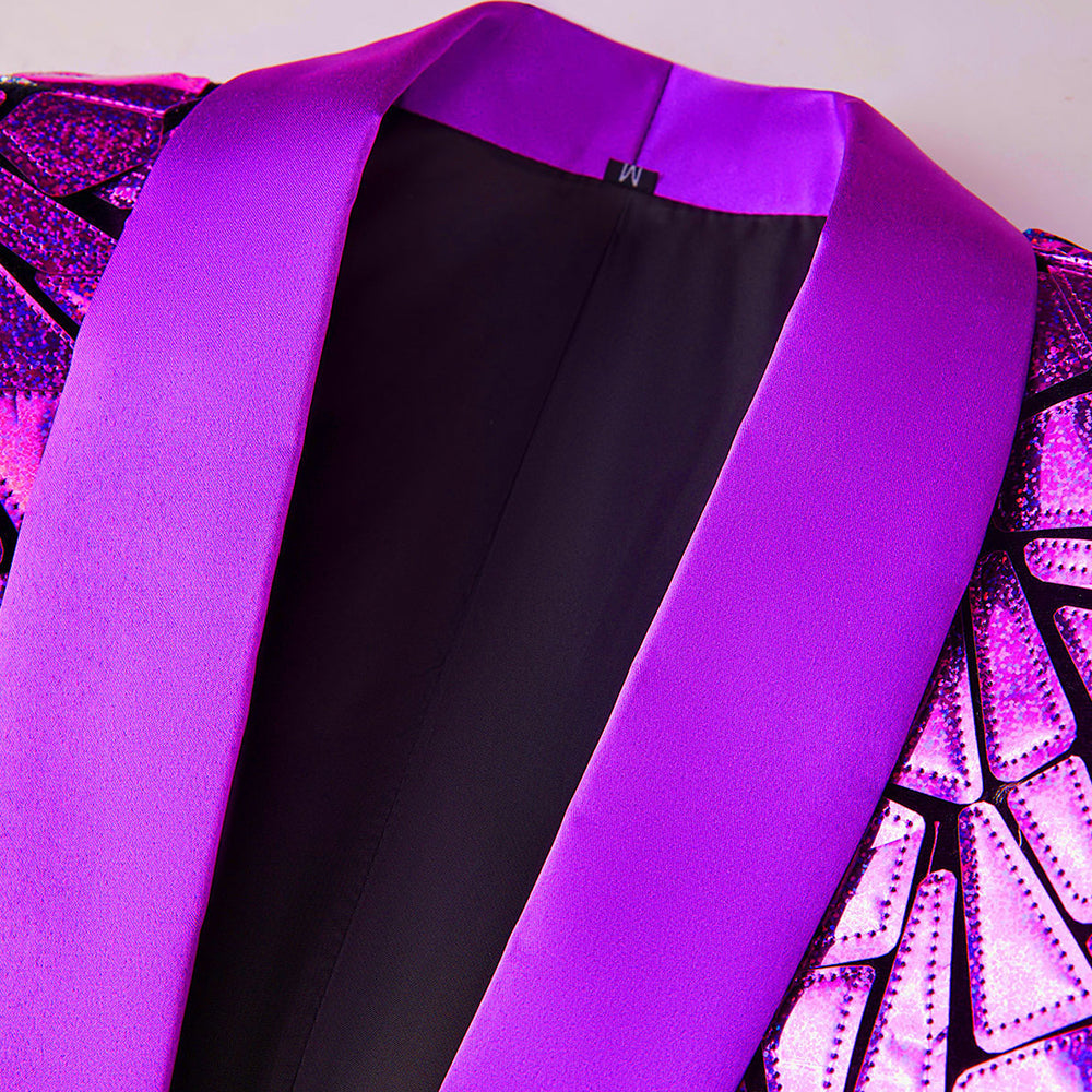 Men's Unique Mirrored Geometric Patchwork Purple Prom Suit