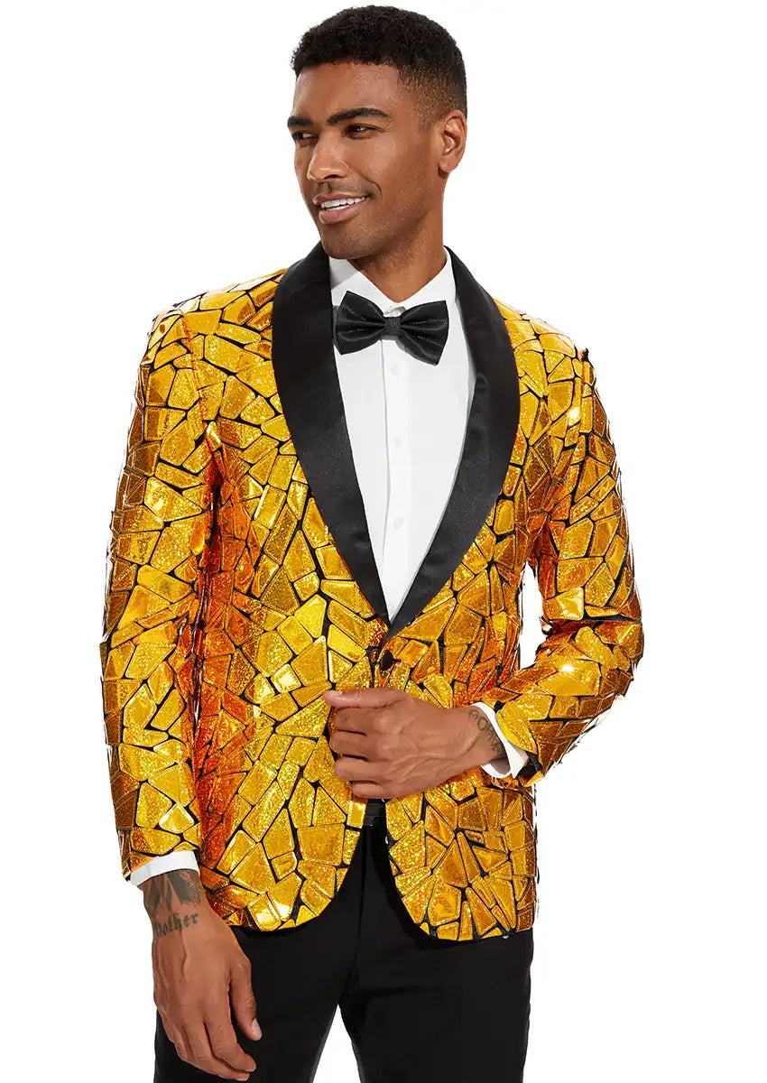Men's Unique Mirrored Geometric Patchwork Golden Prom Suit