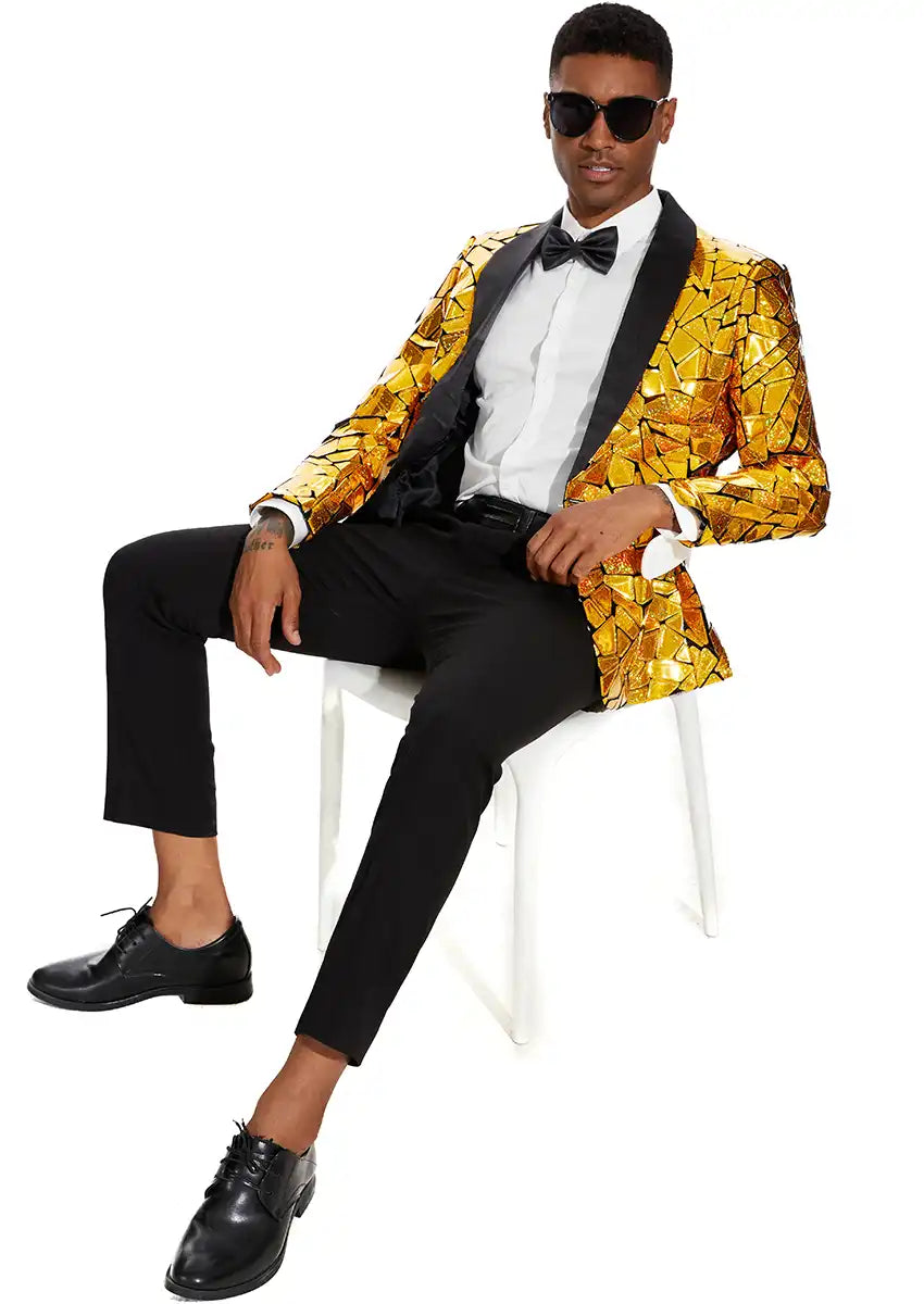 Men's Unique Mirrored Geometric Patchwork Golden Prom Suit