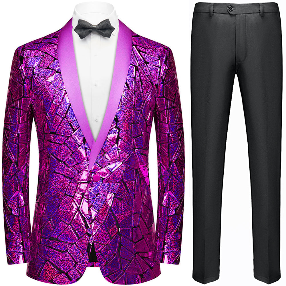 Men's Unique Mirrored Geometric Patchwork Purple Prom Suit