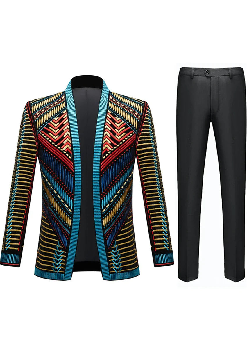 Men's Embroidered Geometric Pattern Blue and Gold Tuxedo