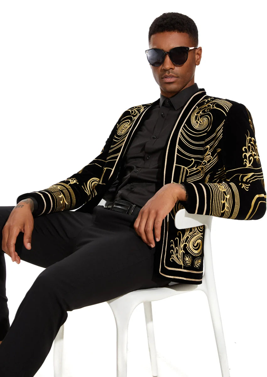 Men's Exquisite Luxury for Elegance Style Black and Gold Velvet Tuxedo