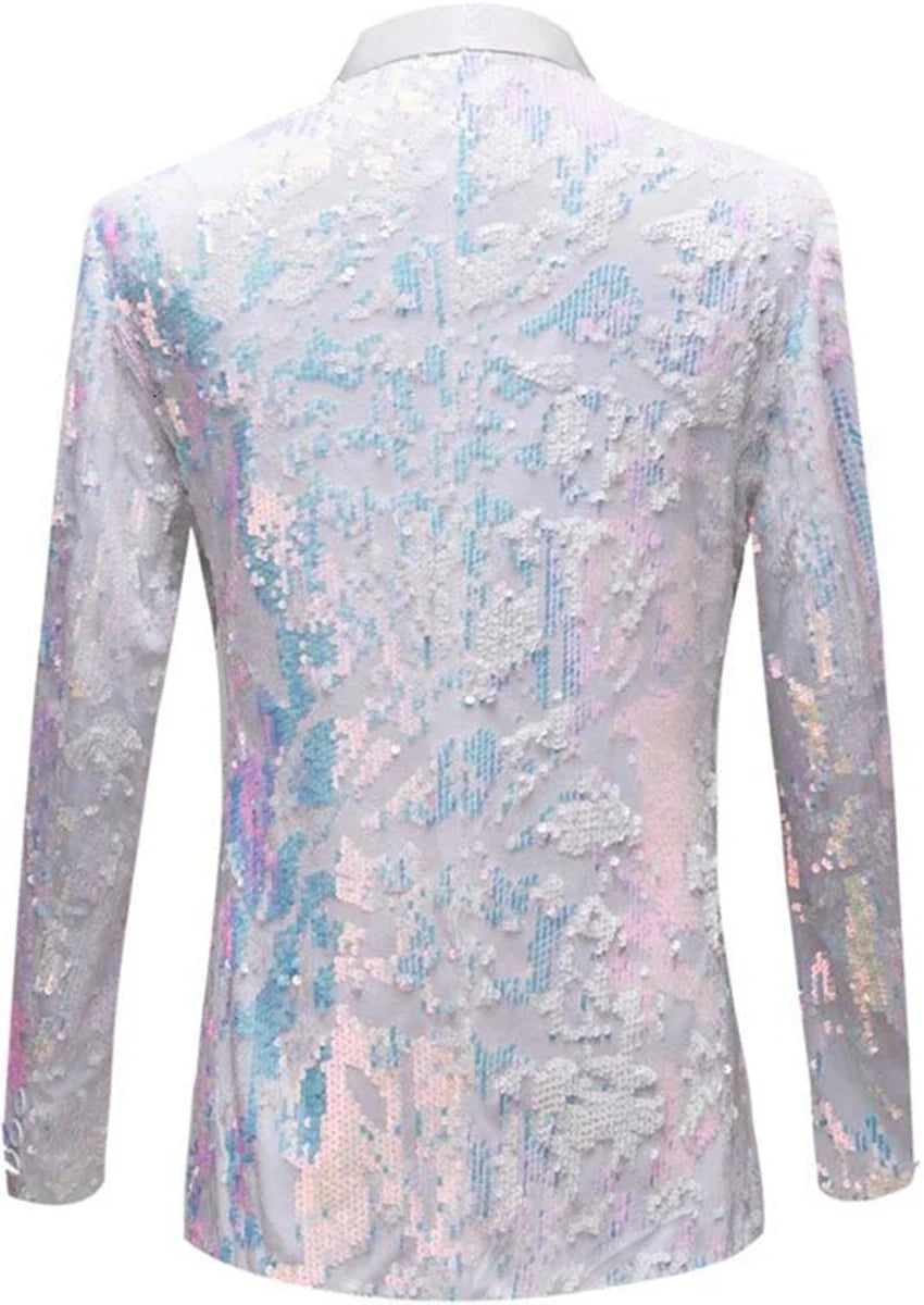 Men's 2-Piece Shawl Lapel in Satin Blue and White Sequin Tuxedo