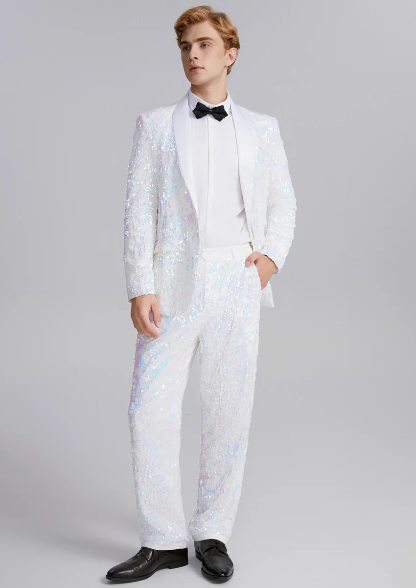 Men's 2-Piece Shawl Lapel in Satin Blue and White Sequin Tuxedo