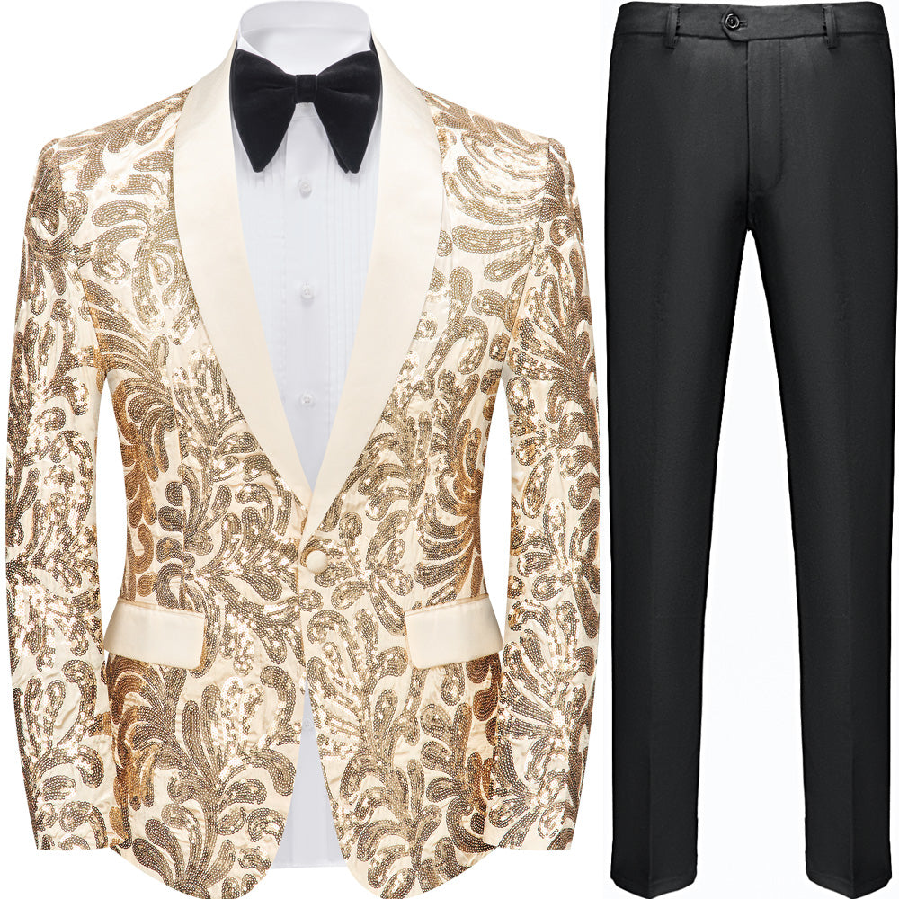 Men's 2-Piece Exquisite Shawl Lapel Floral Sequin Champagne Tuxedo