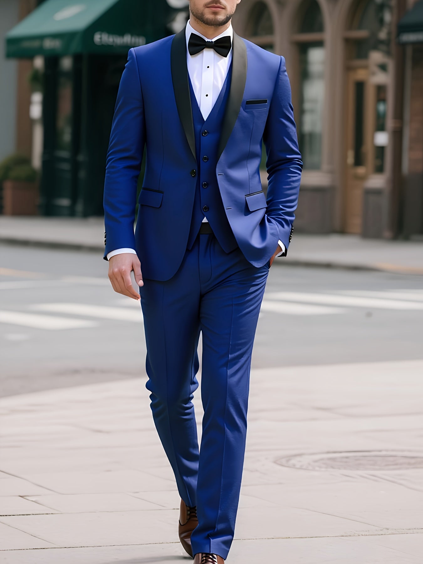 Men'S 3pcs Set Of Formal Wear, Shawl Lapel Collar Buttoned Blazer, Tuxedo Waistcoat And Dress Pants, Elegant And Smart Set For Banquet, Prom And Party Wear
