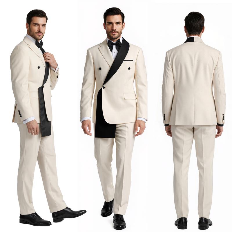 Men’s 2-Piece Contrast Color Tuxedo Suit, Double Breasted Shawl Lapel Blazer & Pants, Slim Fit Wedding Prom Party Outfit