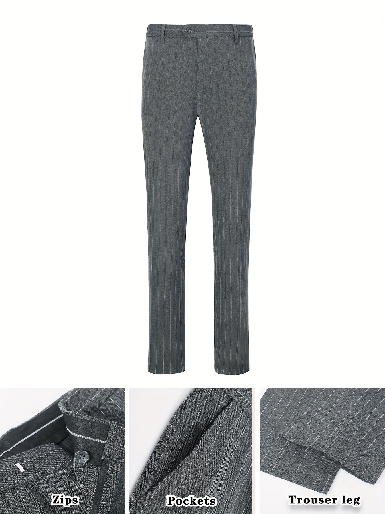 Men'S Suits Set 3pcs, Solid Color Pinstripes Suit, Closure Collar Jacket Coat Blazer Vest Pants Set, Business Work Banquet Performance Travel Holiday Birthday Gift Dress Tuxedo
