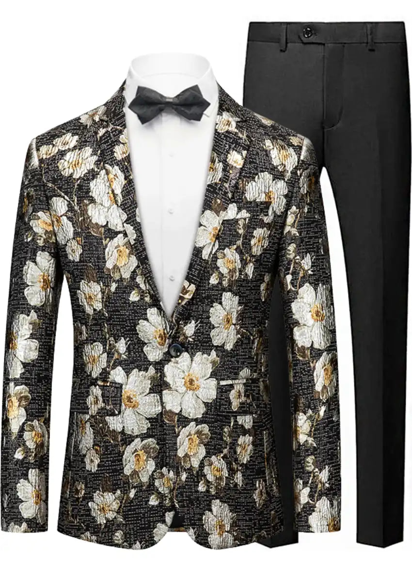 Men's Notched Lapel Black Blazer with White Blooming Flower Embroidery