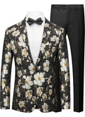 Men's Oil Painting White Blooming Flowers Embroidery Black Blazer