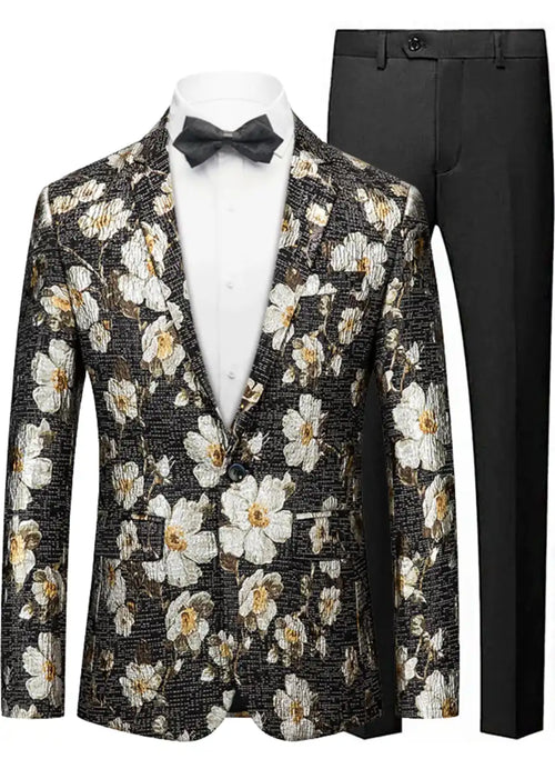 Men's Oil Painting White Blooming Flowers Embroidery Black Blazer