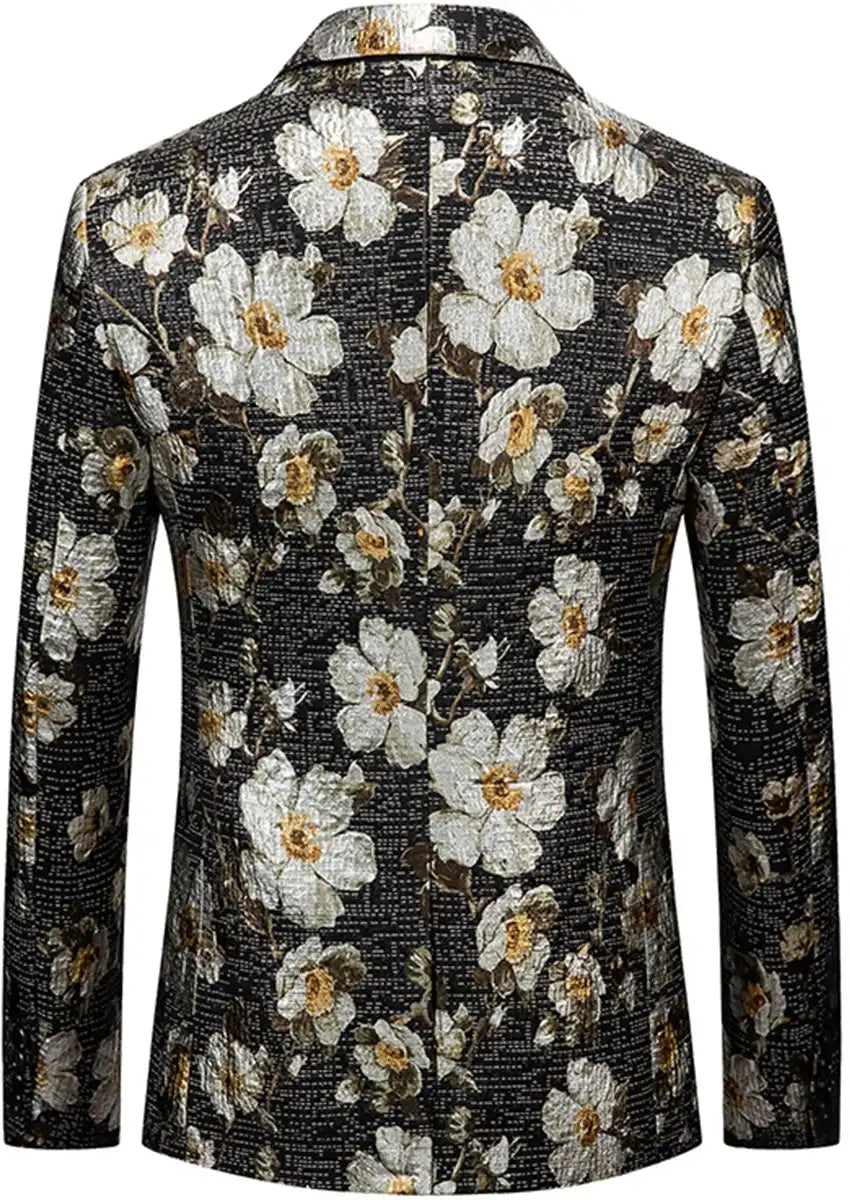 Men's Notched Lapel Black Blazer with White Blooming Flower Embroidery