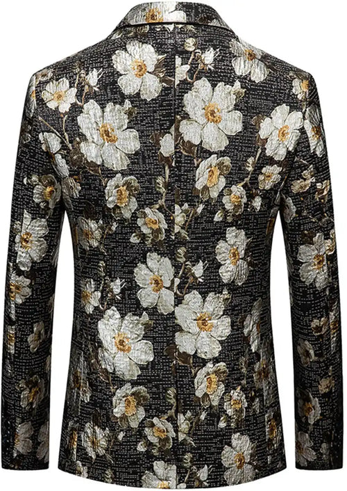 Men's Oil Painting White Blooming Flowers Embroidery Black Blazer