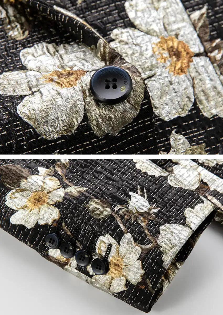 Men's Oil Painting White Blooming Flowers Embroidery Black Blazer