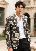 Men's Notched Lapel Black Blazer with White Blooming Flower Embroidery