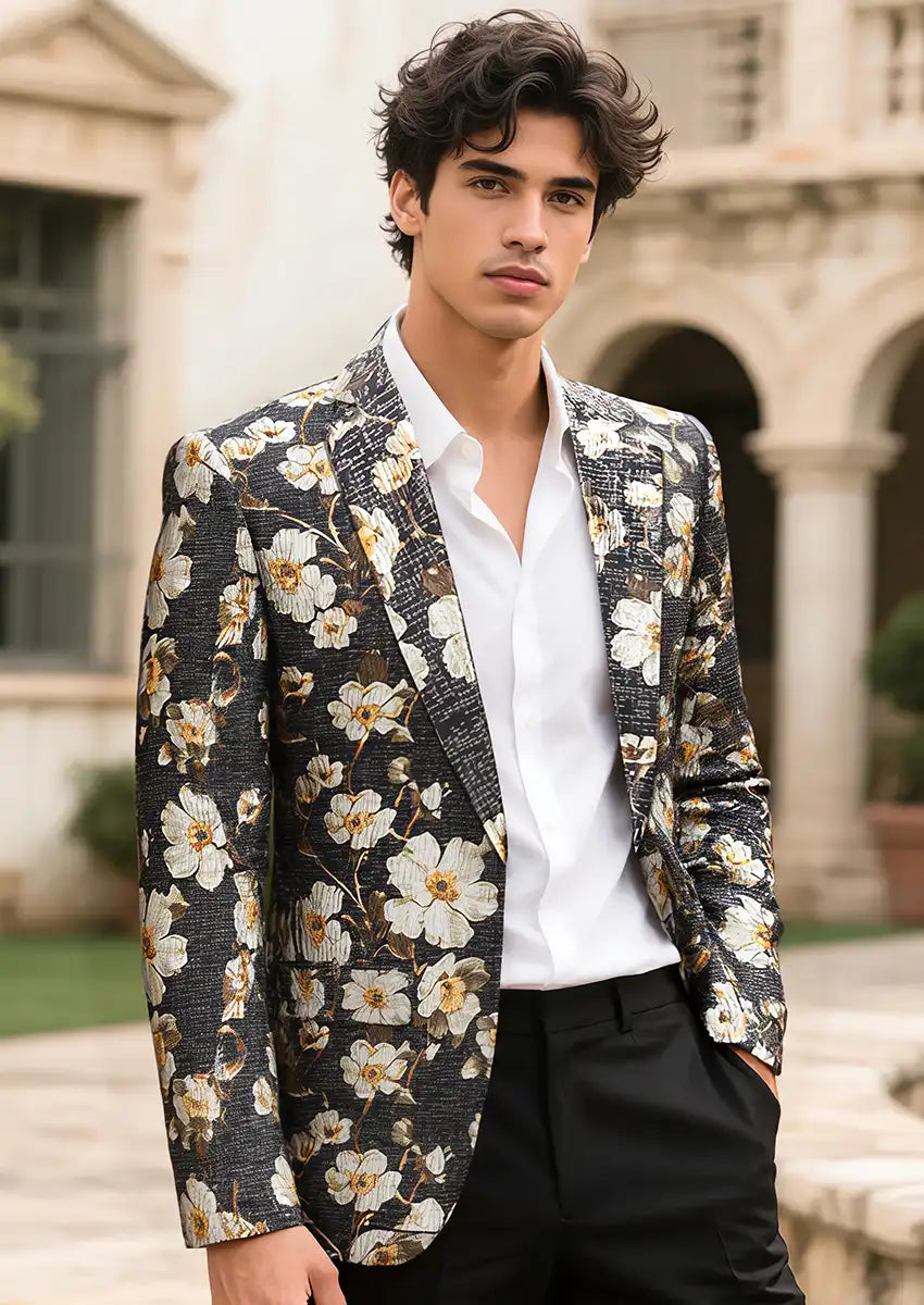 Men's Notched Lapel Black Blazer with White Blooming Flower Embroidery