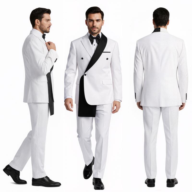 Men’s 2-Piece Contrast Color Tuxedo Suit, Double Breasted Shawl Lapel Blazer & Pants, Slim Fit Wedding Prom Party Outfit