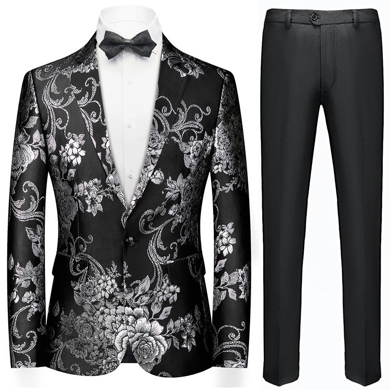 Men's Fashion Silver Peony Jacquard Black Blazer