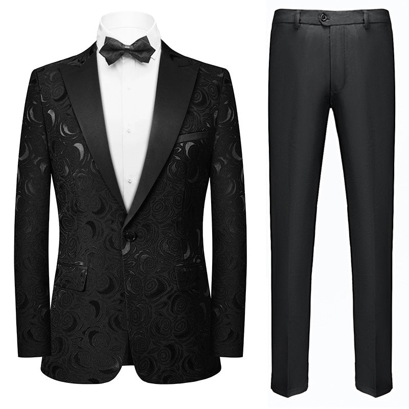 Men's 2-Piece Rose Jacquard Black Wedding Suit for Groom