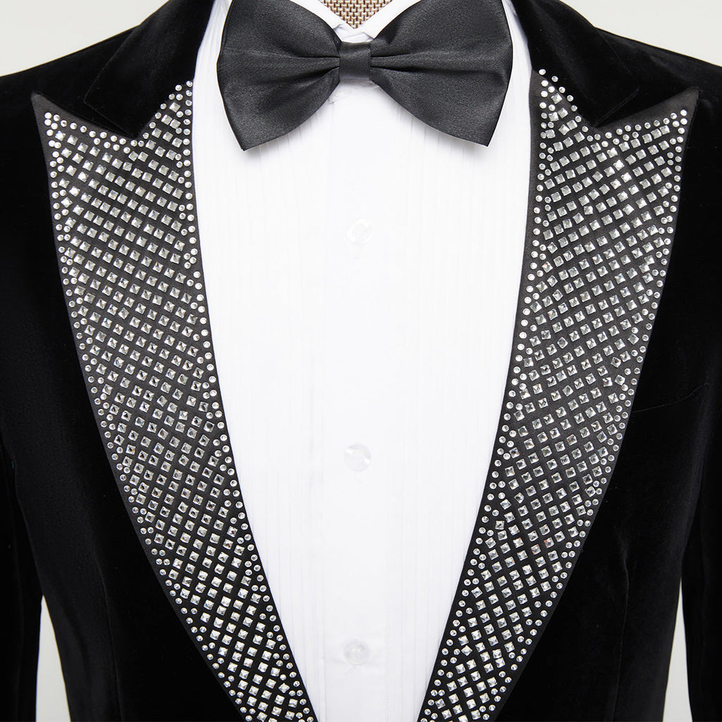 Men's Peak Lapel with Rhinestone Luxury Velvet Black Tuxedo