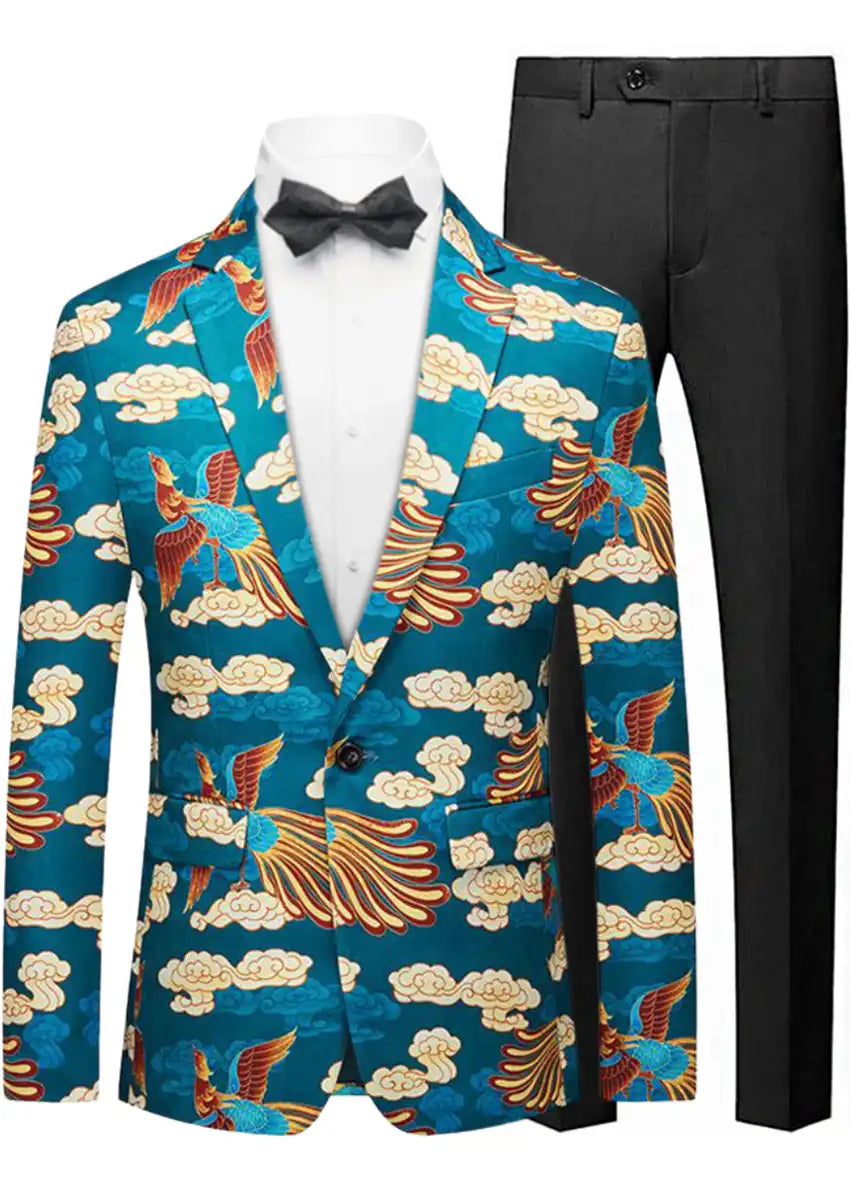 Men's Notched Lapel Sky Blue Tuxedo Featuring Phoenix and Cloud Motif