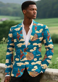 Men's Notched Lapel Sky Blue Tuxedo Featuring Phoenix and Cloud Motif