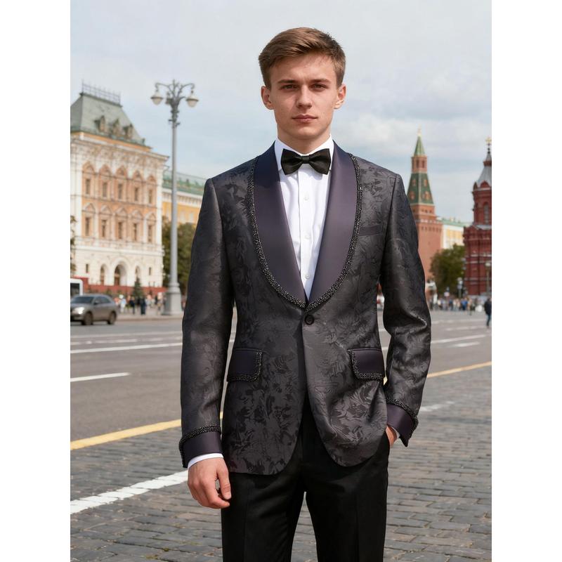 Men’s Luxury Jacquard Tuxedo Jacket, Satin Shawl Lapel Blazer with Beaded Trim, Formal Wedding & Party Outfit