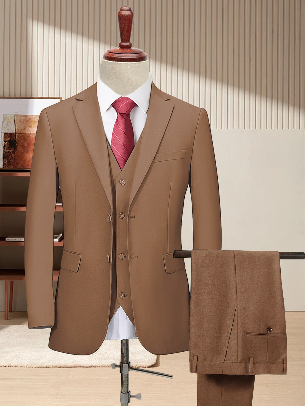 Men'S 3pcs Business Style Suit, Two Button Lapel Jacket Vest Trouser Set Solid Color Wedding Business Tuxedo Suit