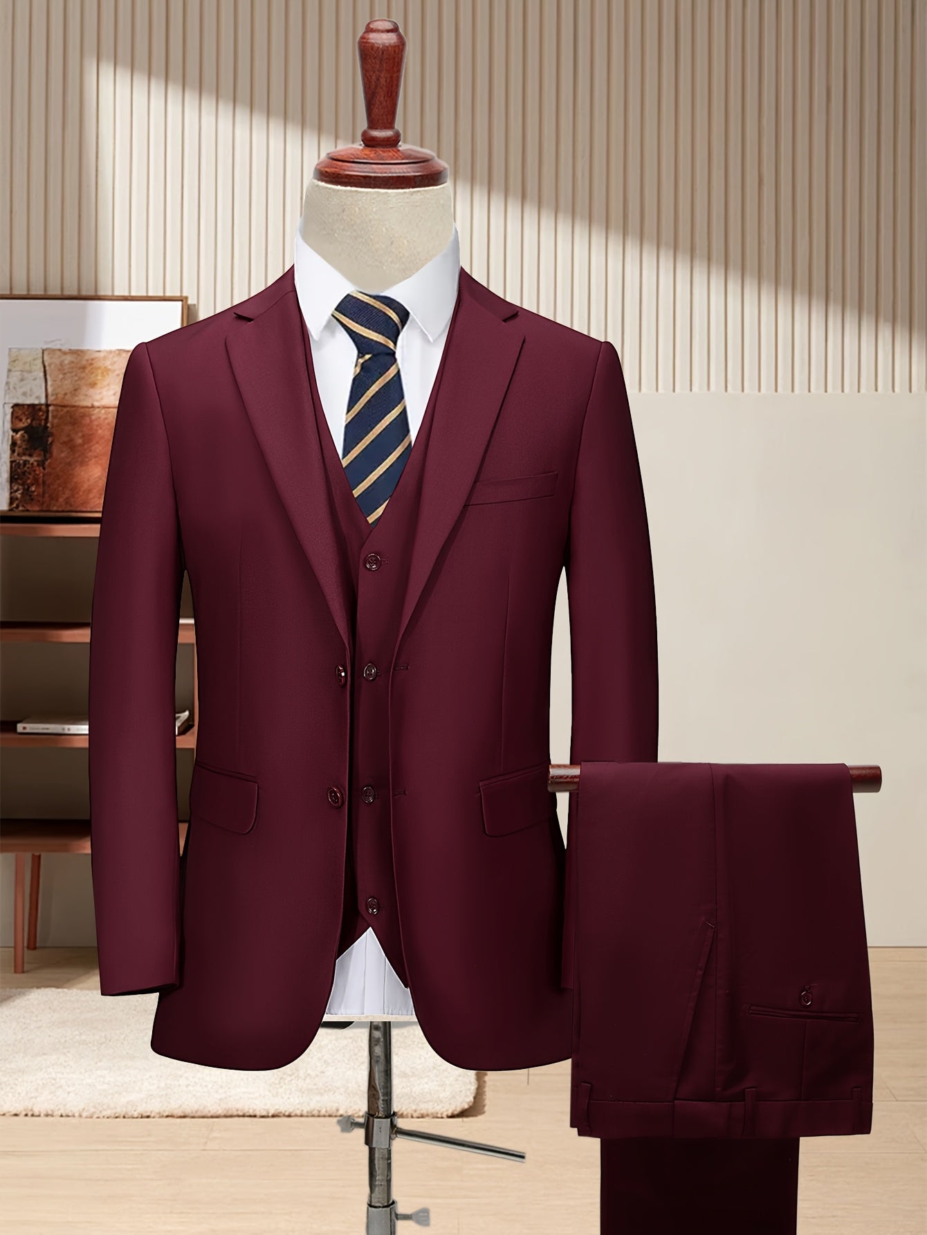 Men'S 3pcs Business Style Suit, Two Button Lapel Jacket Vest Trouser Set Solid Color Wedding Business Tuxedo Suit